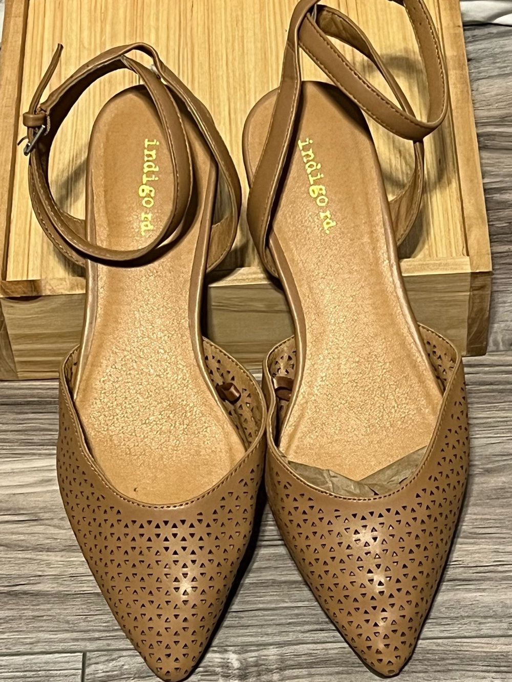 Indigo Tan Pointed-Toe Ankle-Strap Flats with Laser-Cut Detail